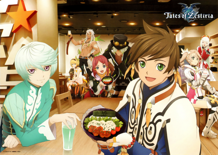 purple eyes, green eyes, salad, food, Tales of Zestiria, anime girls, anime boys, anime