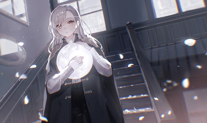 long hair, brown eyes, anime girls, Moon, petals, light effects, blonde, anime, stairs