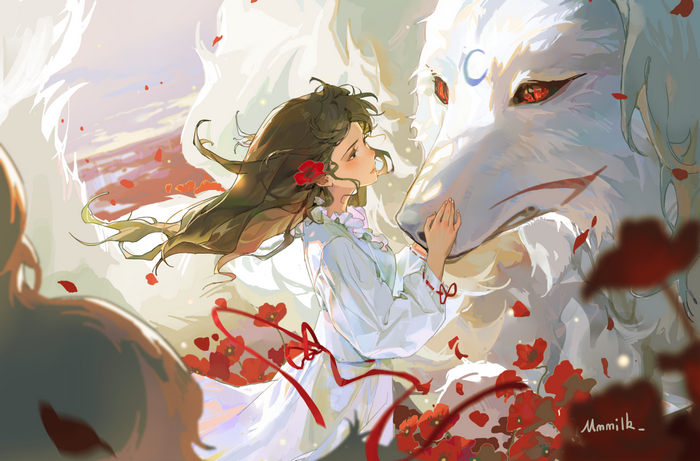 long hair, sky, flowers, poppies, Inuyasha, clouds, ribbons, brunette, flower in hair, anime, Sesshomaru, wolf, anime girls, red eyes, petals