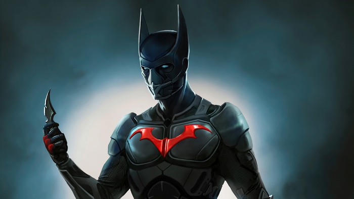 Batman Beyond holding a Batarang