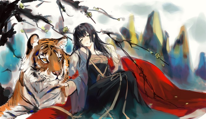 4K, original characters, anime, simple background, anime girls, IIIroha, doodle, tiger