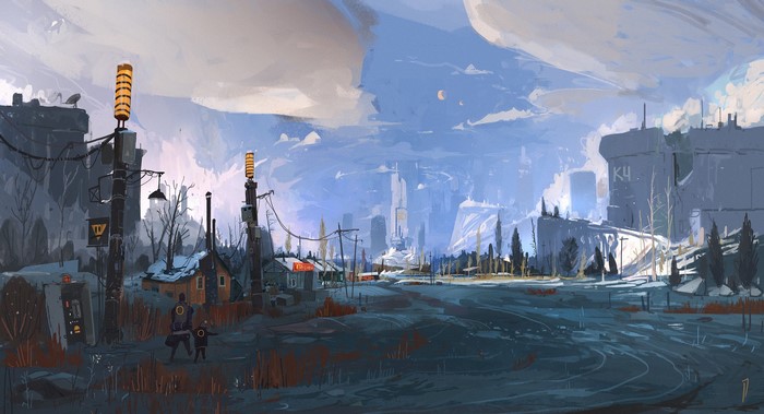 sky, ArtStation, Ismail Inceoglu, clouds, outdoors, artwork, futuristic
