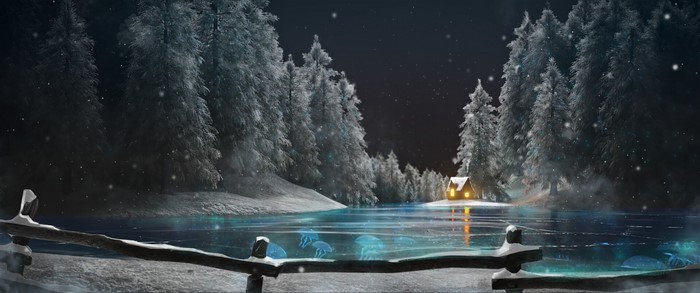 trees, jellyfish, forest, night, winter, artwork, lake, snow