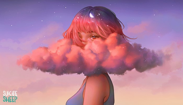 Fantasy Art of Pink Clouds and Half Moon by Karmen Loh