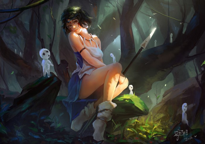 fantasy art, looking at viewer, legs, forest, red eyes, necklace, spear, grass, fantasy girl, anime, short hair, dark hair, San, anime girls, Princess Mononoke, spirits