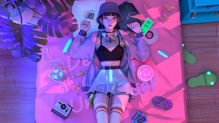 4K Anime Girl with Hat Lying Indoors