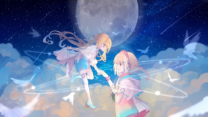 Moon, anime games, red eyes, clouds, stars, blonde, sky, holding hands, anime girls, two women