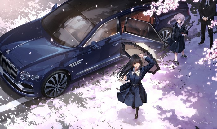 4K, school uniform, anime girls, cherry blossom, high angle, digital art, artwork, Bentley, car, koh, drawing, 2D, illustration, katana, schoolgirl, umbrella, original characters, anime