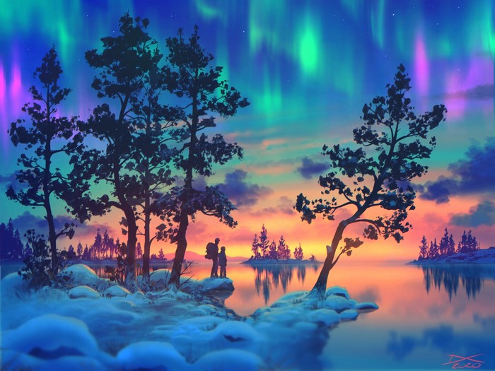 artwork, trees, aurorae, digital art, snow