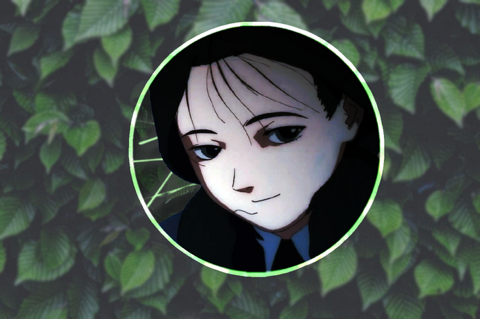 green background, necktie, forest, blurry background, leaves, circle, glasses, Serial Experiments Lain, blurred