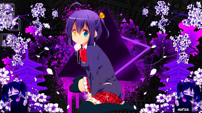 4K, stockings, AKENO_ART, anime girls, kneeling, anime, heterochromia, purple hair, looking at viewer