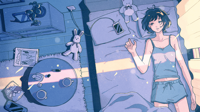 Anime Girl with Dark Hair Lying in Bed