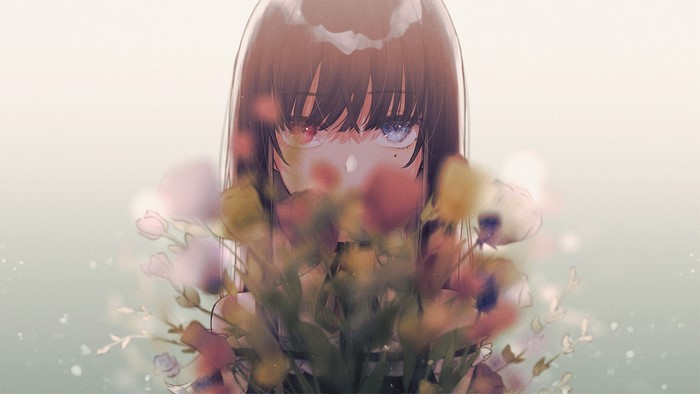 women, white background, long hair, mole under eye, anime, 2D, anime girls, bangs, flowers, blurred, bouquets, depth of field, heterochromia, looking at viewer, black hair, black dress, artwork