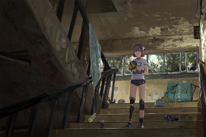 anime, broken glass, balls, spider webs, stairs, ruins, wristband, ball, anime girls, blue eyes, bandage, flower in hair, trash, brunette, prosthesis, short hair