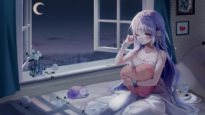 sleepy, pillow hug, window, long hair, night, bed, town, Crescent, pyjamas