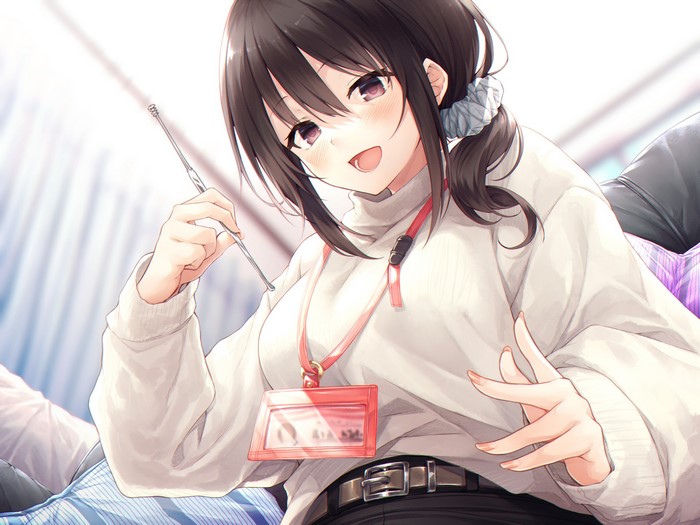 happy, white sweater, dark eyes, dark hair, Hasumi, smiling, anime girls