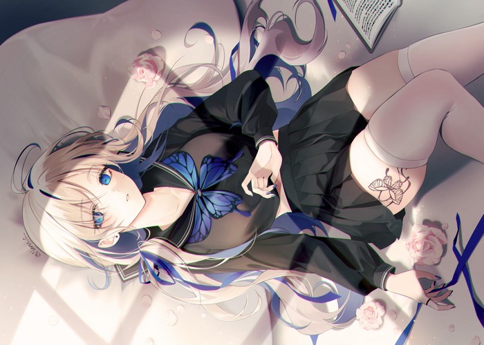 blue eyes, black outfits, lie, butterfly, bed, white hair, legs, skirt, white stockings, long hair, white bed sheets