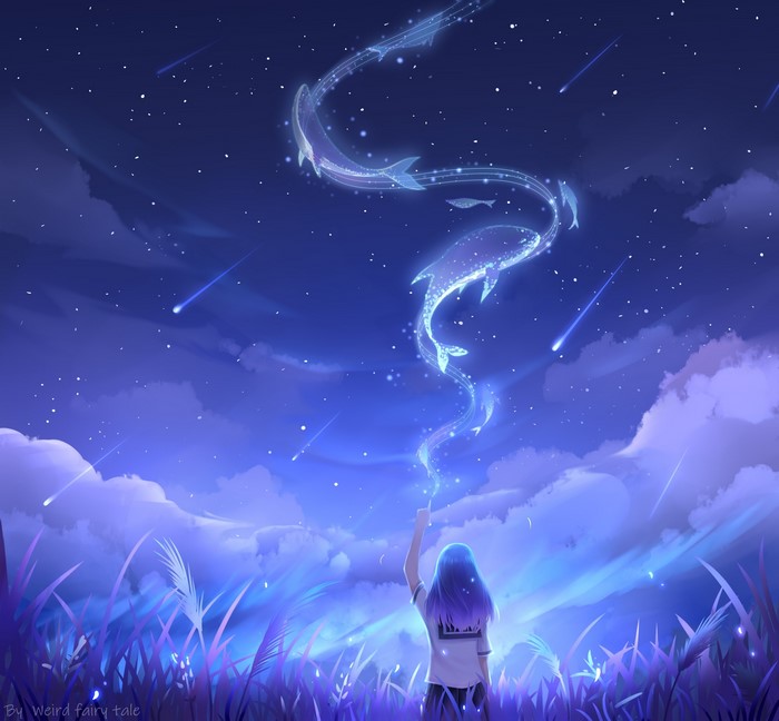 Fantasy Anime Girl Under Starry Sky