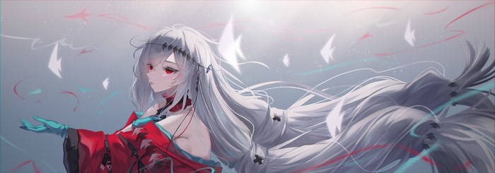 white hair, long hair, red eyes, Arknights, fantasy art, red dress, Skadi(Arknights)