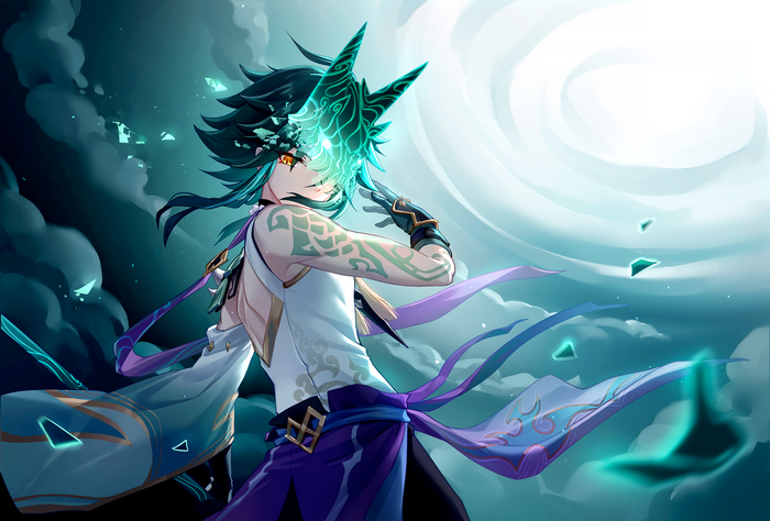 fantasy girl, Genshin Impact, inked girls, anime girls, fantasy art, anime, orange eyes, Xiao(Genshin Impact), dark hair