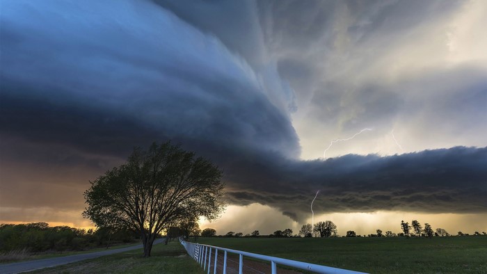 nature, Time-lapse, storm, sky, trees, clouds, lightning, road, Iron Fence