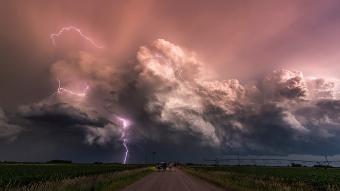 sky, dirt road, storm, long exposure, lightning, people, Time-lapse, clouds, field, nature