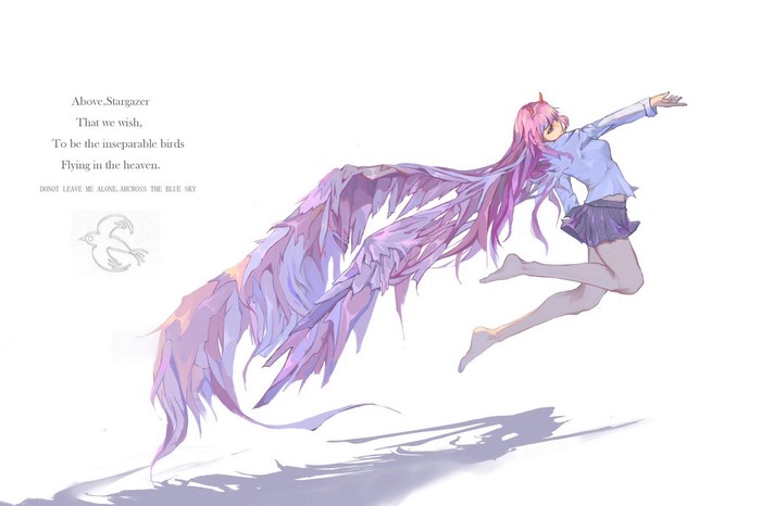 Zero Two (Darling in the FranXX), jumping, white background, pink hair, miniskirt, simple background, legs, anime girls, anime
