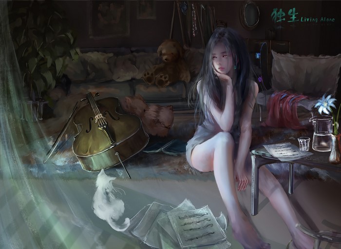 4K Anime Girl with Dark Hair Sitting Indoors