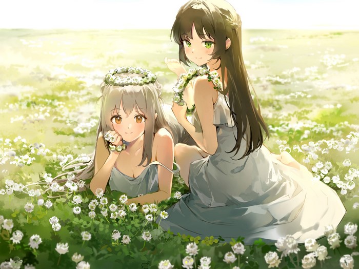 flowers, anime girls, artwork, field, anime, smiling, sun dress, dress, Anmi