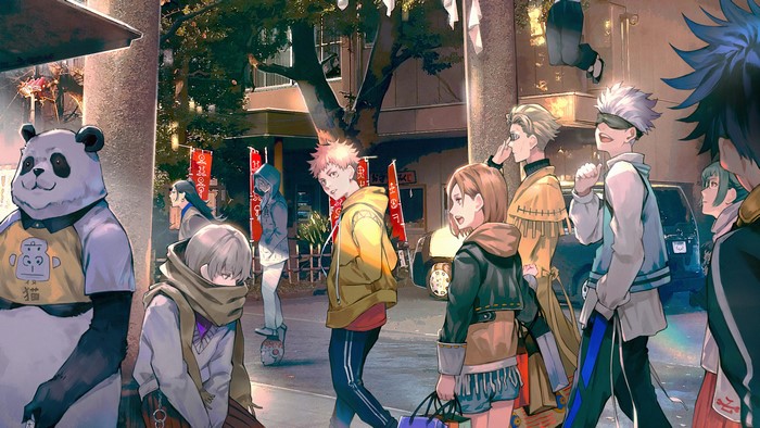 4K, anime, bangs, brunette, casual, women outdoors, open mouth, blonde, scarf, panda, Jujutsu Kaisen, black hair, 2D, green hair, men outdoors, blindfold, gray hair