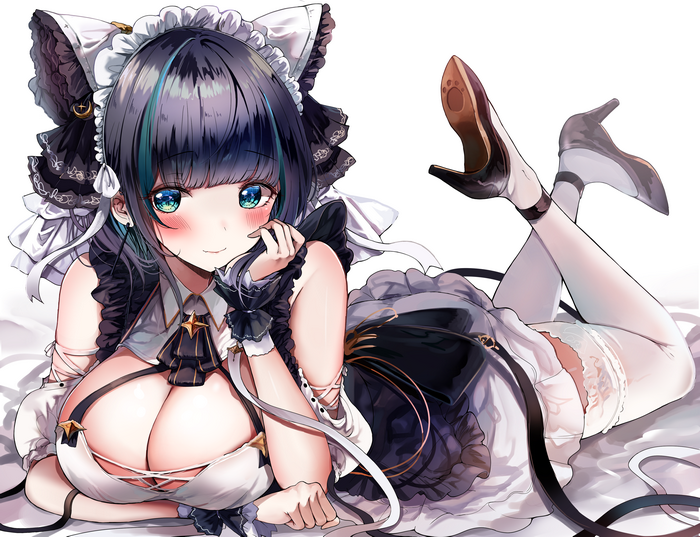 4K, digital art, drawing, dark hair, Sak, smiling, artwork, illustration, blushing, white stockings, 2D, video game girls, cleavage, lying on front, Azur Lane, video games, high heels, stockings, fan art, anime, looking at viewer, bangs, Cheshire (Azur Lane), dress, anime girls
