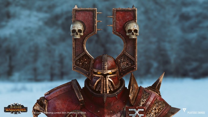 Warhammer, helmet, knight, ArtStation, warrior, skull, Khorne, Chaos, armor, Total War: WARHAMMER III, skullcrushers, Sebastian Deredas