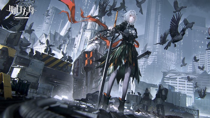 horns, crow, low-angle, sword, white hair, Talulah(Arknights), ruins, video game characters, Arknights, video games, anime, black dress, standing, Patriot(Arknights), city, mist, rubble, church