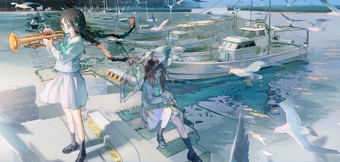 4K, original characters, pier, Kukka, anime girls, schoolgirl, seagulls, yachts