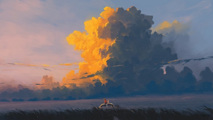 BisBiswas, car, sky, clouds, landscape, digital painting