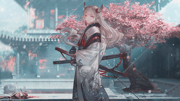 4K, pointy ears, fantasy art, anime, fantasy girl, horns, women, anime girls, Asia, girls with swords