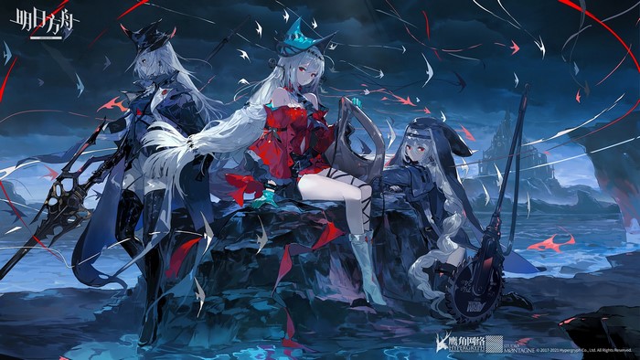 long hair, white hair, video games, Gladiia(Arknights), Arknights, Skadi(Arknights), water, red eyes, church, anime, video game characters, Specter(Arknights), cliff