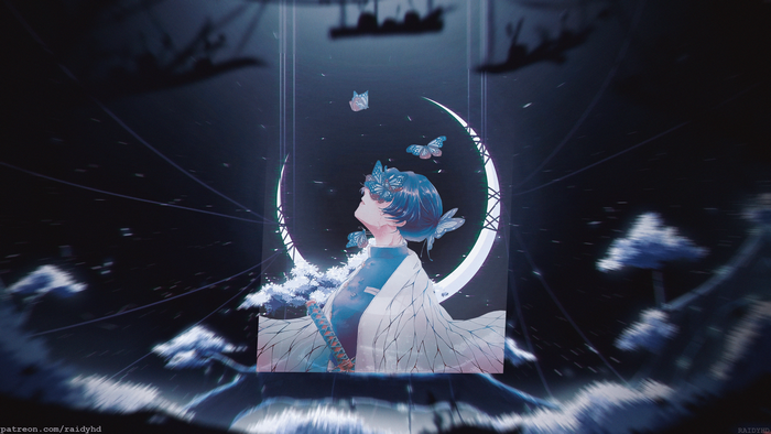 4K, picture-in-picture, anime girls, anime, Kimetsu no Yaiba, Kochou Shinobu