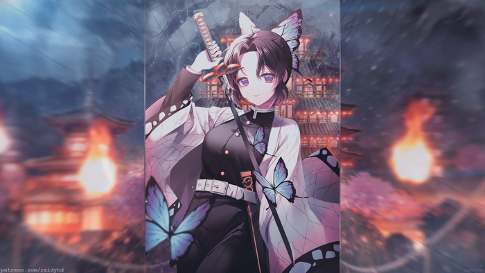 4K, anime girls, picture-in-picture, Kimetsu no Yaiba, Kochou Shinobu, anime