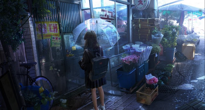 umbrella, street, women, artwork, rain