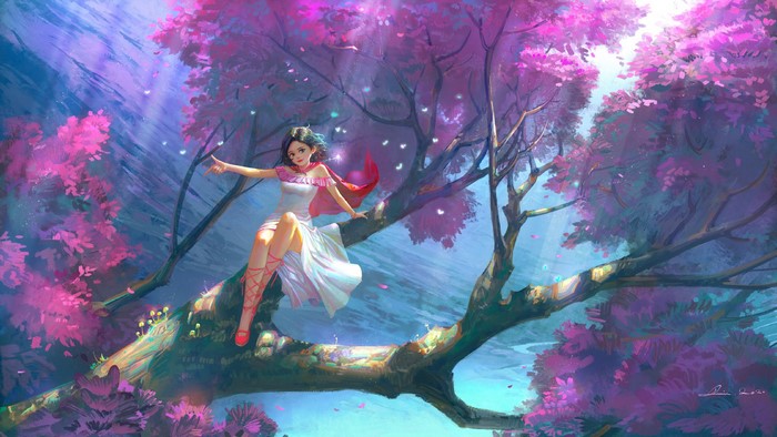 women, legs, trees, dress, white dress, dark hair, sitting, cape, Chen Yi Fa Er, looking at viewer, legs together, fantasy girl, artwork, women outdoors, fantasy art