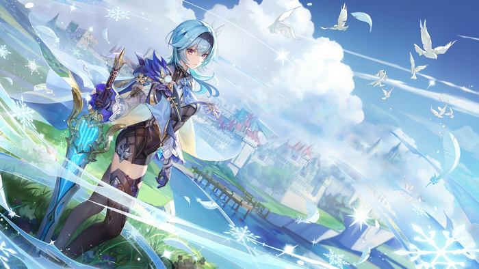 aqua hair, fantasy art, Genshin Impact, sword, video game art, anime girls, Eula (Genshin Impact), clouds