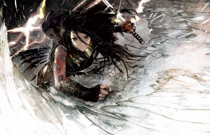 4K, tattoo, black hair, anime girls, sword, wings, anime, glasses, brown eyes, long hair