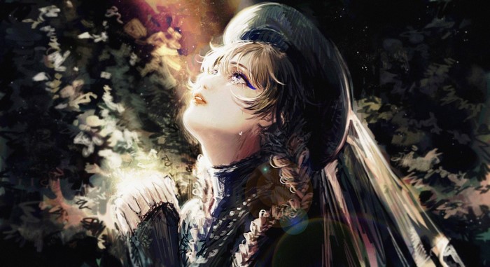 4K, trees, crying, brunette, Russian, blue eyes, long hair, looking away, digital art, light effects, women, hat, praying