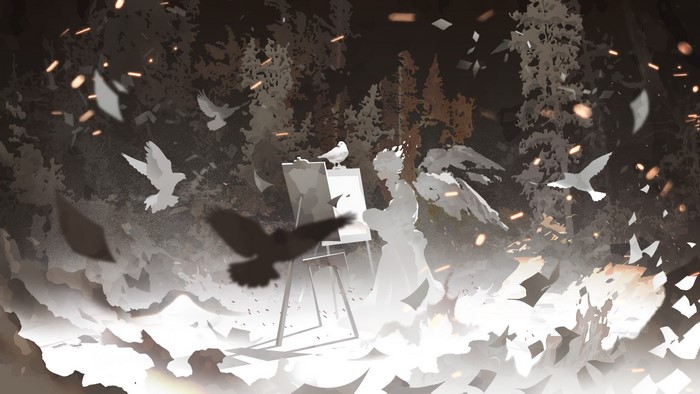 canvas, trees, monochrome, wings, forest, night, short hair, anime girls, anime, white hair, birds