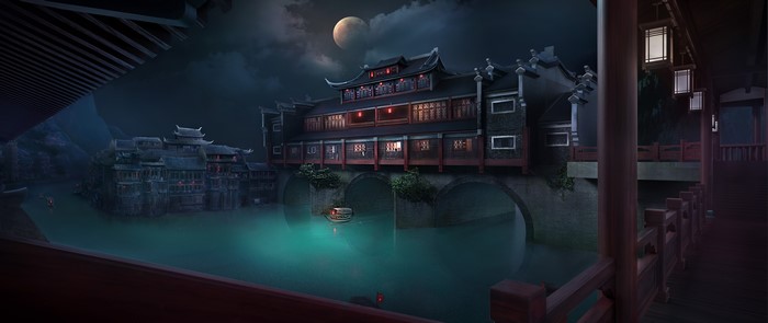 4K, water, night, Asian architecture, moon phases, ferry