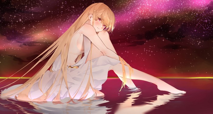 4K, holding knees, blonde, Yuya, horizon, anime girls, night, white dress, sky, sideboob, red eyes, barefoot