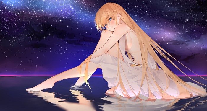 4K, holding knees, white dress, anime girls, blonde, sideboob, horizon, barefoot, blue eyes, night, sky, Yuya