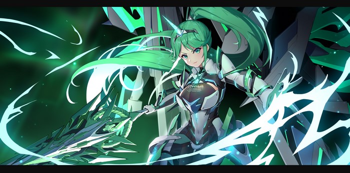 4K, fantasy girl, fantasy art, Xenoblade Chronicles 2, artwork, anime games, aqua eyes, Pixiv, video games, long hair, looking at viewer, green hair