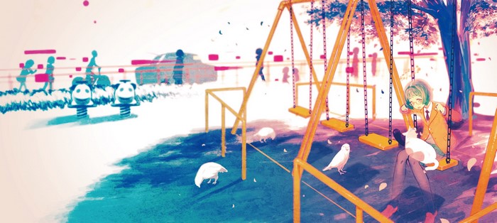 birds, artwork, cats, playground, swings, road, glasses, short hair